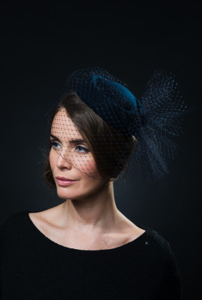 navy felt pillbox with navy birdcage veiling